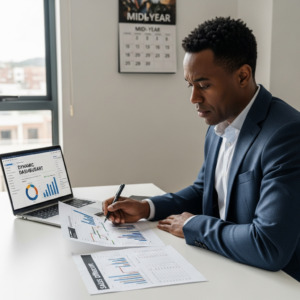Sales director reviewing a mid-year sales pipeline dashboard and printed reports at his desk