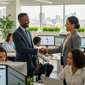 Sales manager shaking hands with a new salesperson while the team works in the background