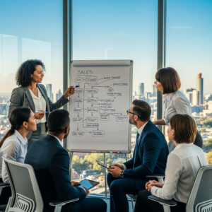 Sales manager presenting a sales process diagram on a flipchart to her team
