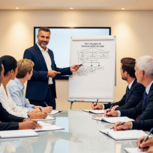 Sales trainer presenting a consultative selling framework on a flipchart to a seated corporate team